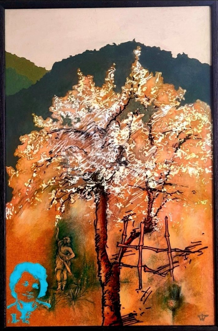 “The Blue-Green Primavera” Work inspired by Irena Buczynska nee Gosiewska (1926–2004). Size: 35 × 54.3 cm, Medium: carbon pencils, oil paints on wooden panel. Cycle: